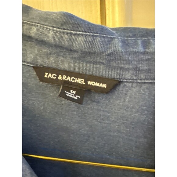 Zac & Rachel Chambray Button Up Shirt Blue Tunic Roll Tab Top  1X - Picture 2 of 9